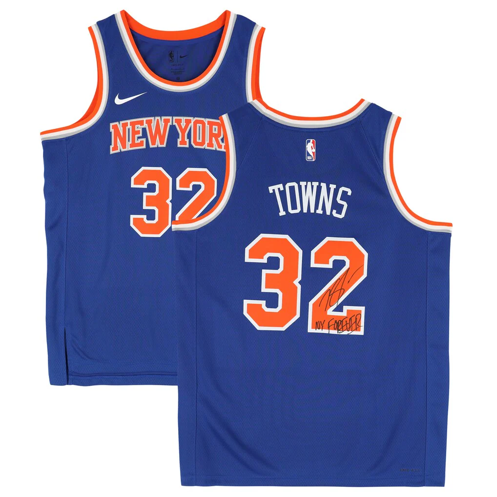 Karl-Anthony Towns Knicks Autographed Fanatics Authentic Nike Blue Icon Edition Swingman Deluxe Framed Jersey NY Forever Inscription - Image 2